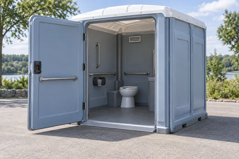 Wide-entry portable restroom with an open door and grab rails