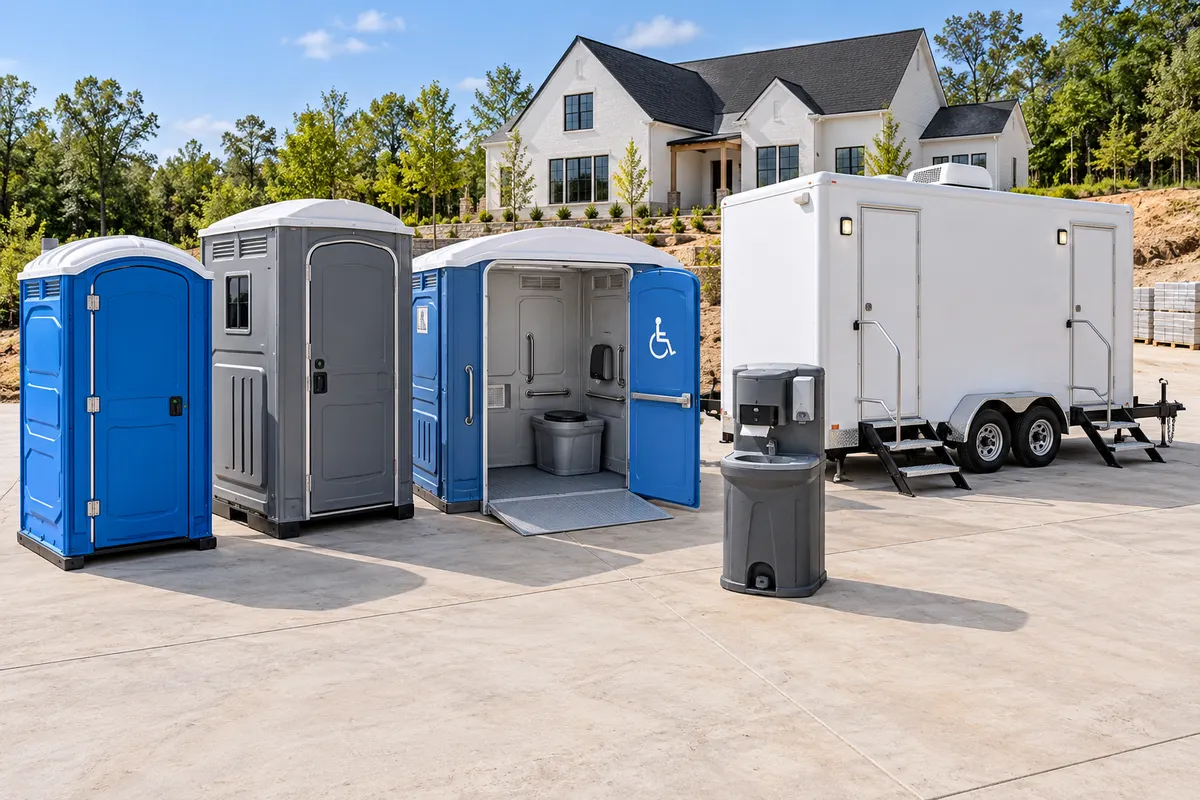 Illustrative equipment collection: blue and grey toilet cabins, a wide-entry unit, handwashing and a white restroom trailer