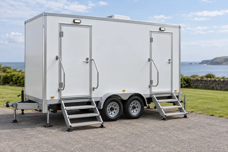 White restroom trailer with external stairs