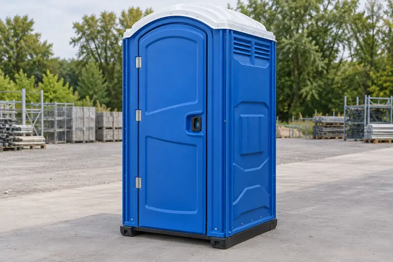 Blue standard portable toilet shown with its complete roof and base